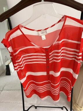 LOFT Red & White Striped Short Sleeve Button-Front Blouse